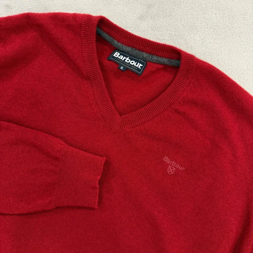 Barbour V-Neck Sweater Wool Mens Size XL Red Long Sleeve Embroidered Logo
